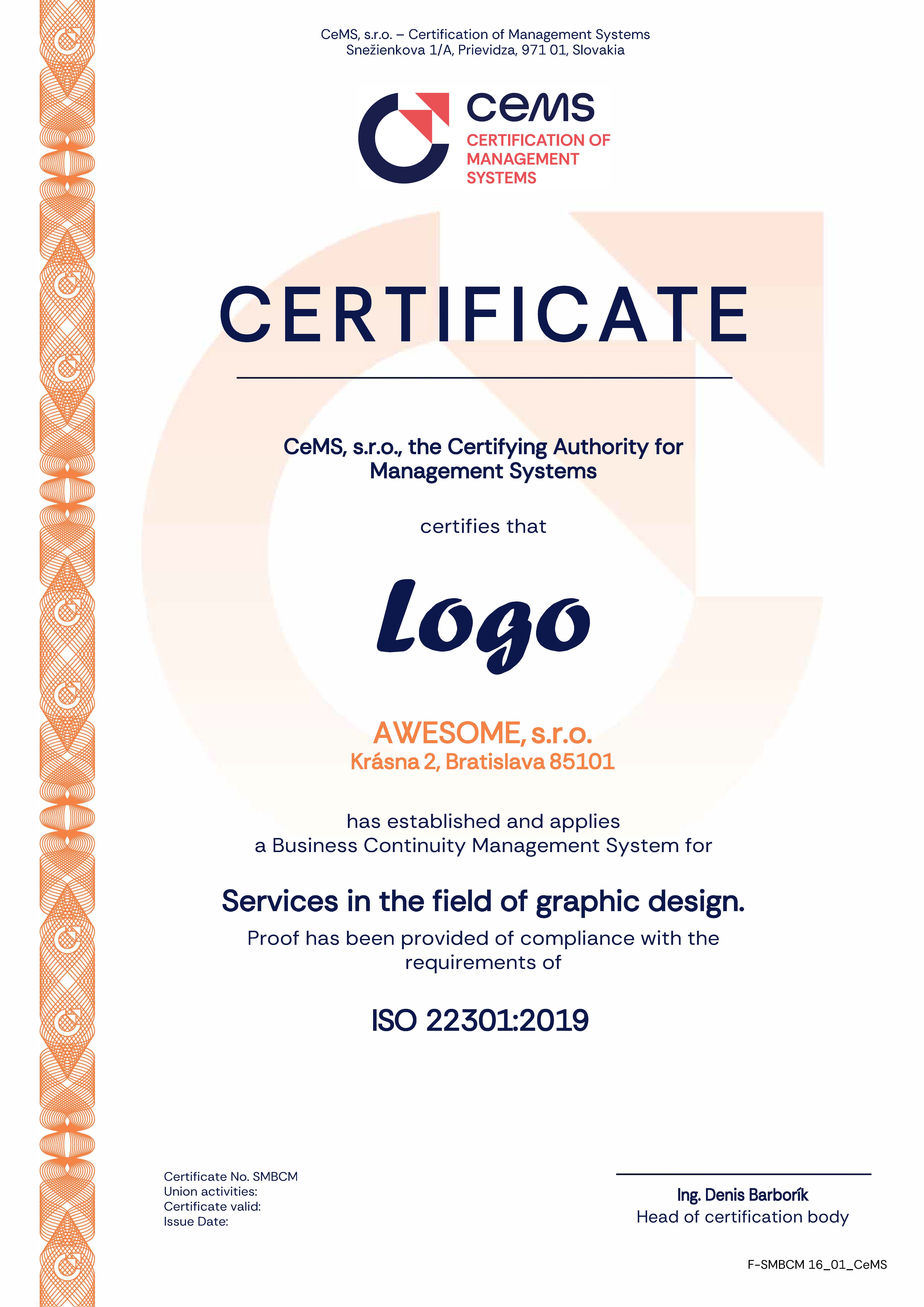 Certificate ISO 22301 by CeMS
